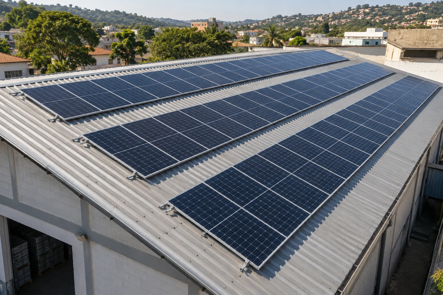 Painéis fotovoltaicos sobre um galpão de alvenaria, em cenário urbano inspirado no Vale do Aço — imagem ilustrativa gerada com IA