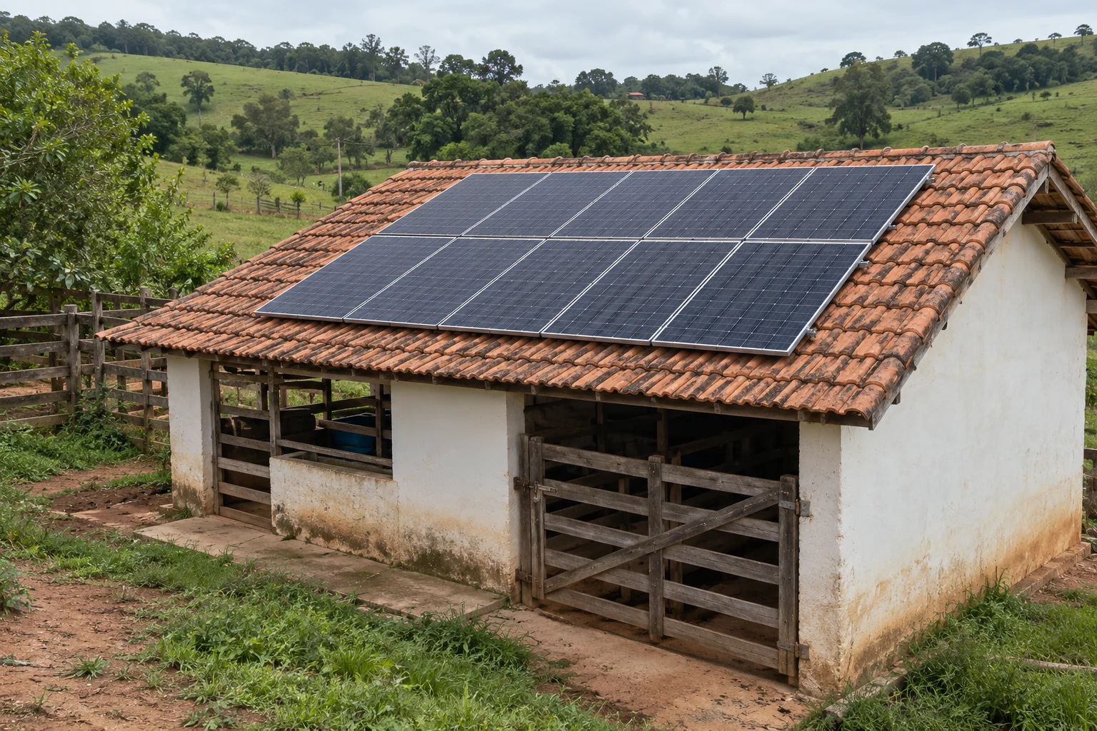 Construção rural de alvenaria e telhas cerâmicas com painéis solares, em paisagem de morros verdes de inspiração mineira — imagem ilustrativa gerada com IA